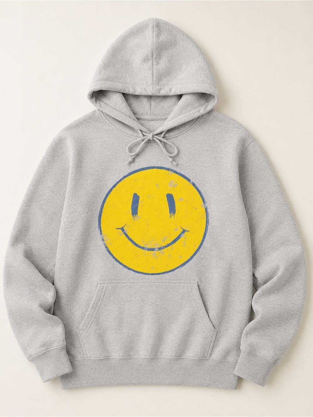 Gray Hooded Sweatshirt with Yellow Smiley Graphic - unisex